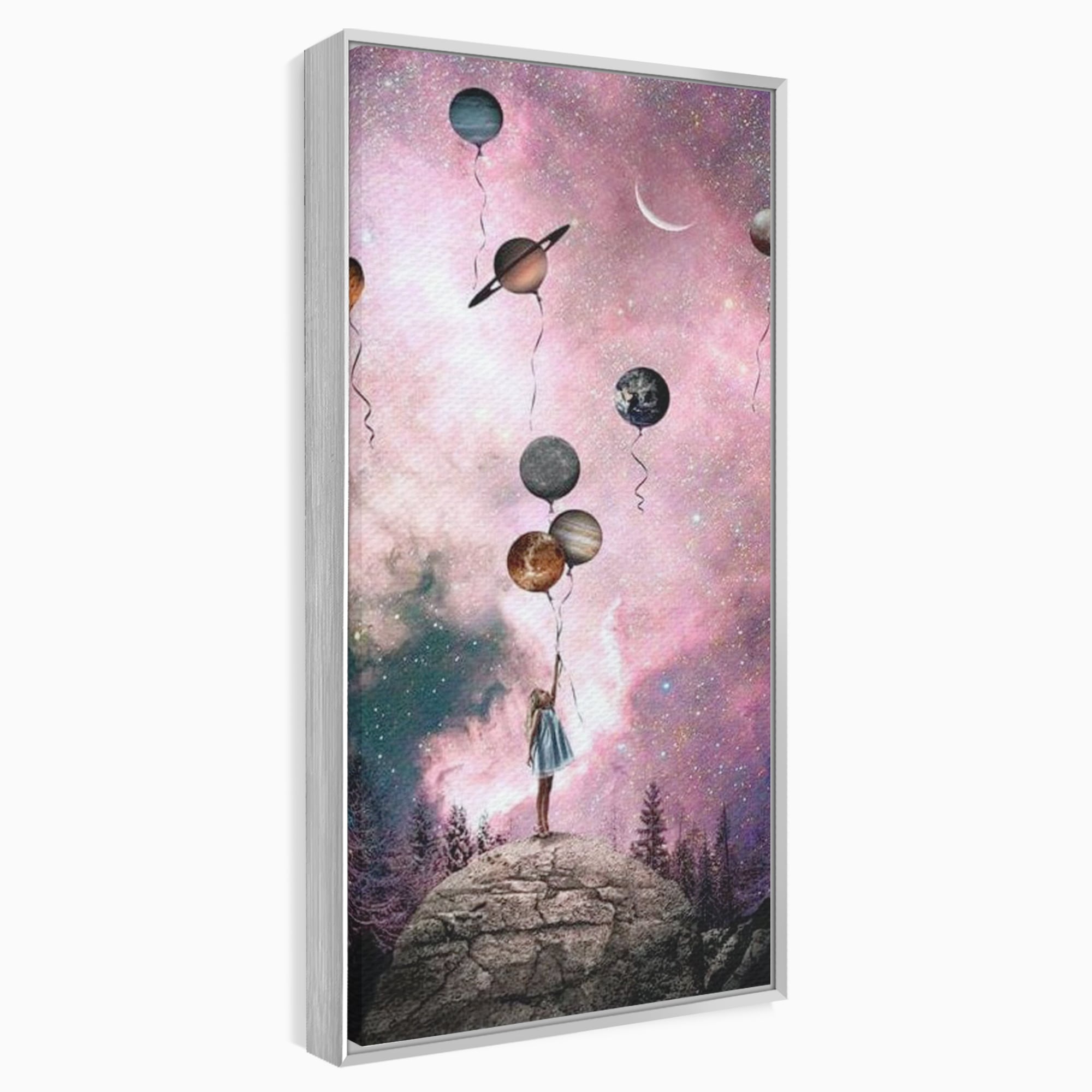 Tablou canvas cu ilustratie fetita tinand baloane planete, in rama de aluminiu argintiu
